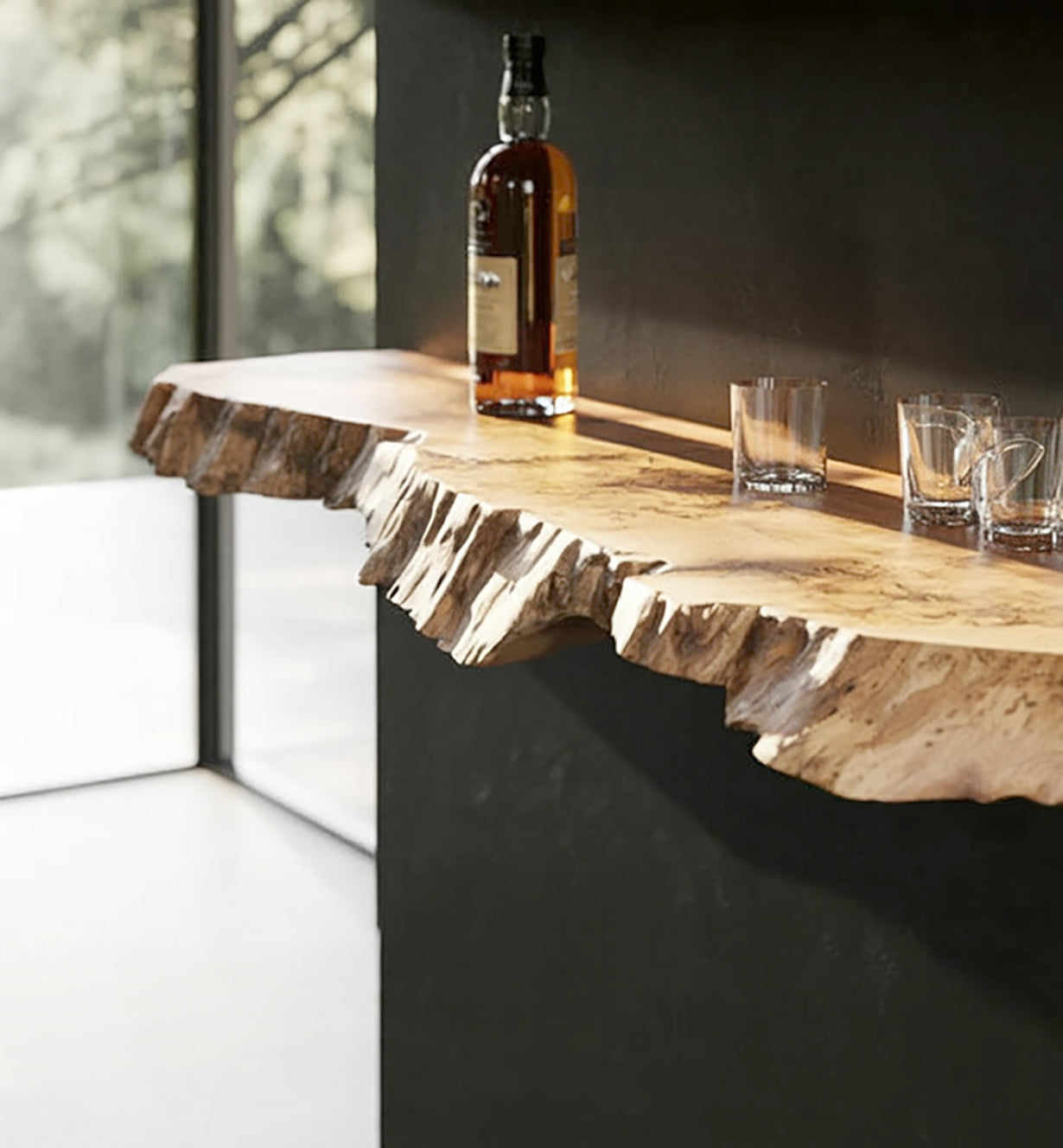 Modern Live-Edge Floating Shelf for Glassware & Bottles | Natural Wood Bar Shelf