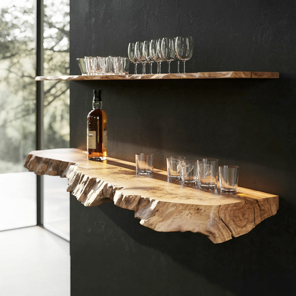 Modern Live-Edge Floating Shelf for Glassware & Bottles | Natural Wood Bar Shelf