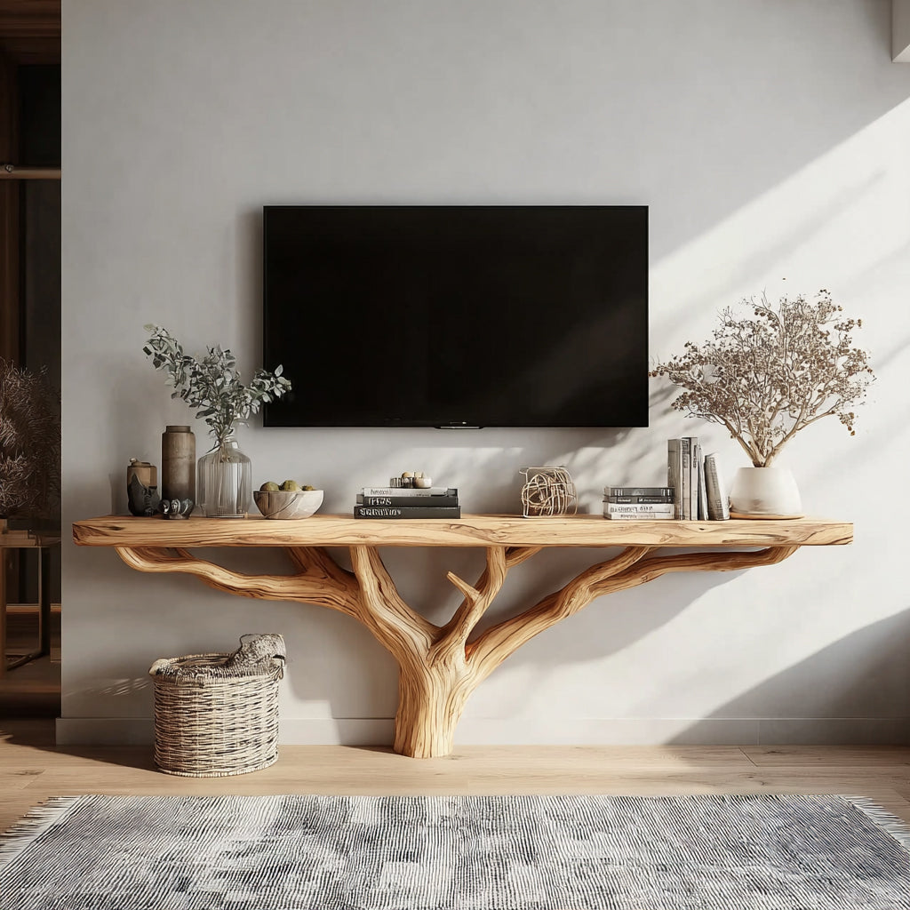 Custom Live Edge TV Stand – Solid Wood Tree Shelf Media Console, Rustic Handmade Cabinet Bookshelf