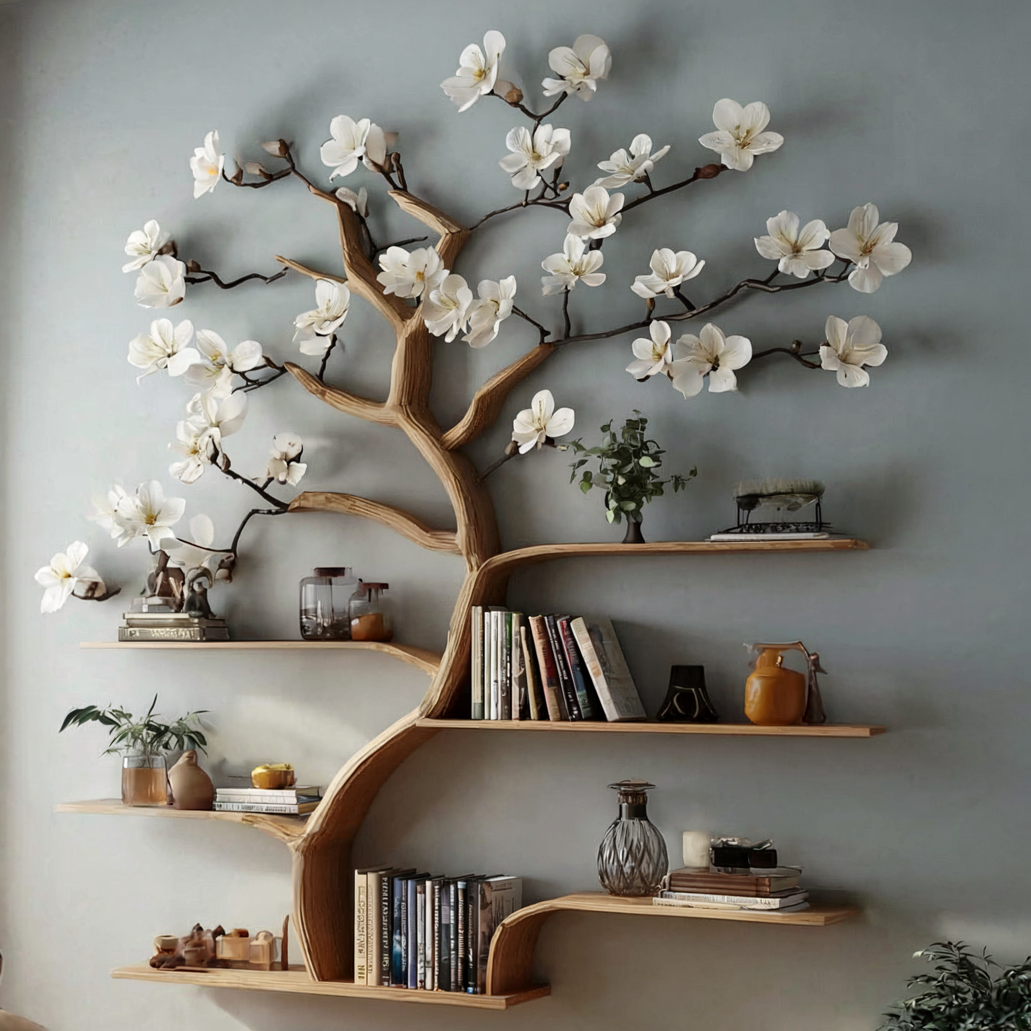 Rustic Tree Bookshelf – Wall-Mounted Wooden Bookcase & Custom Home Décor