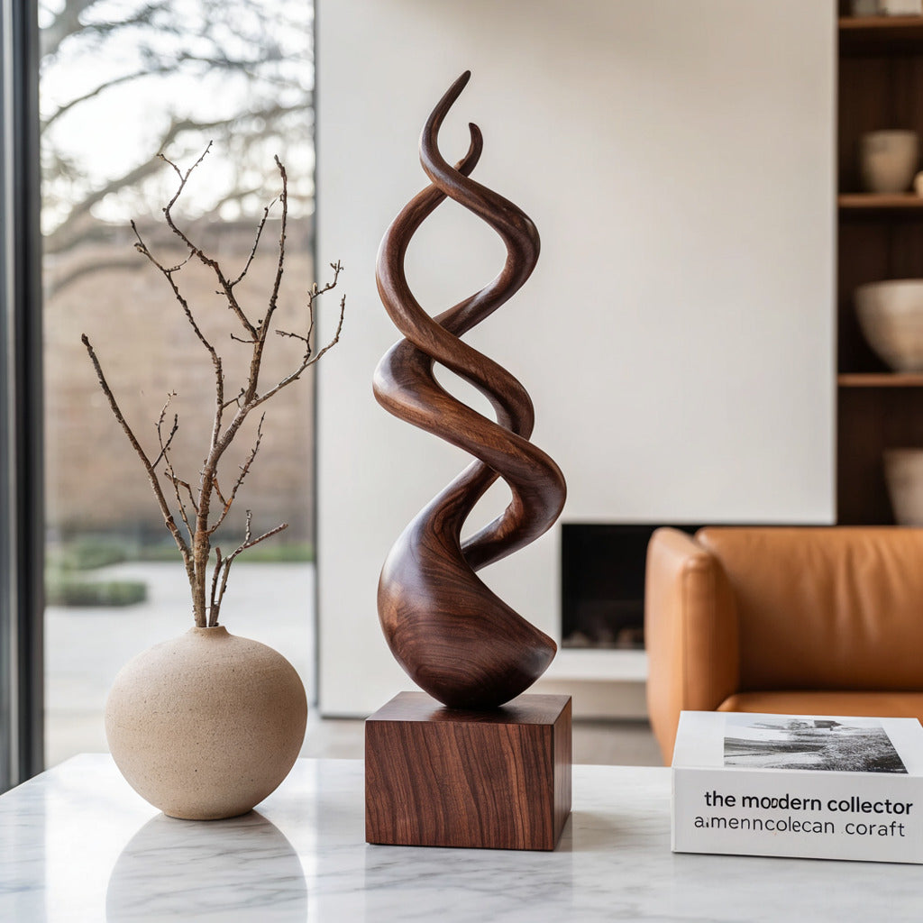 Abstract twisted solid wood floor sculpture in a modern living room