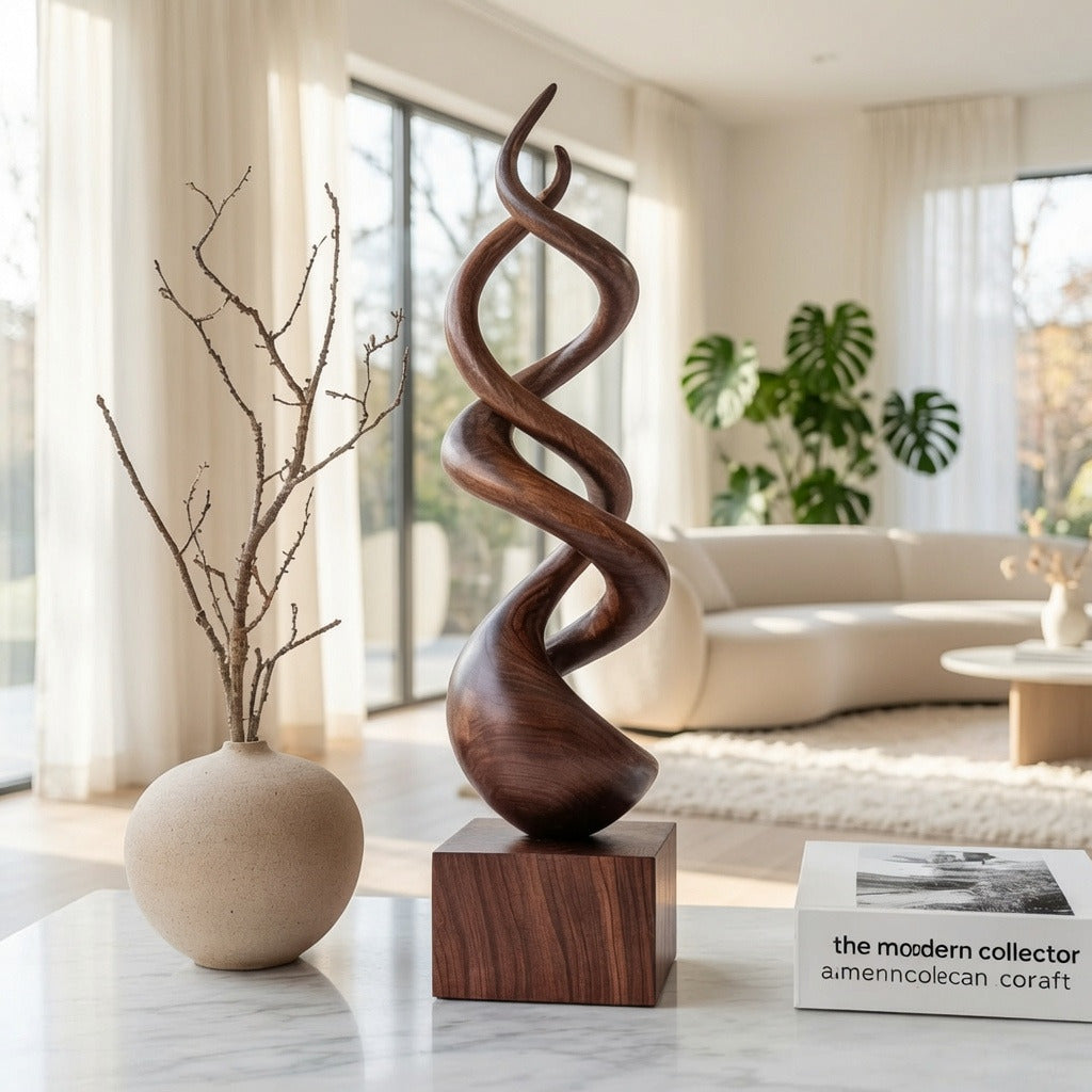 Modern twisted wood sculpture enhancing a minimalist living space