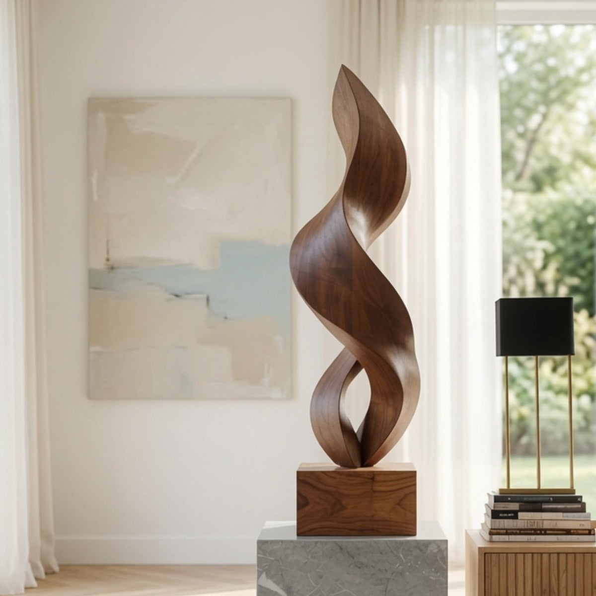 Organic solid wood floor sculpture with marble pedestal