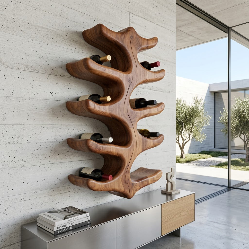 Handcrafted solid wood wine rack showcased as a sculptural wall display