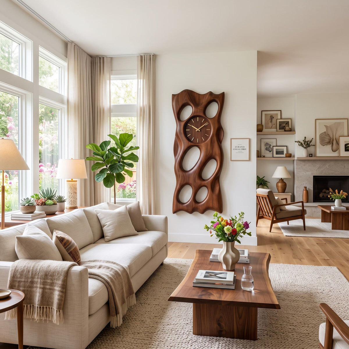 Sculptural solid wood wall clock displayed in a minimalist living space