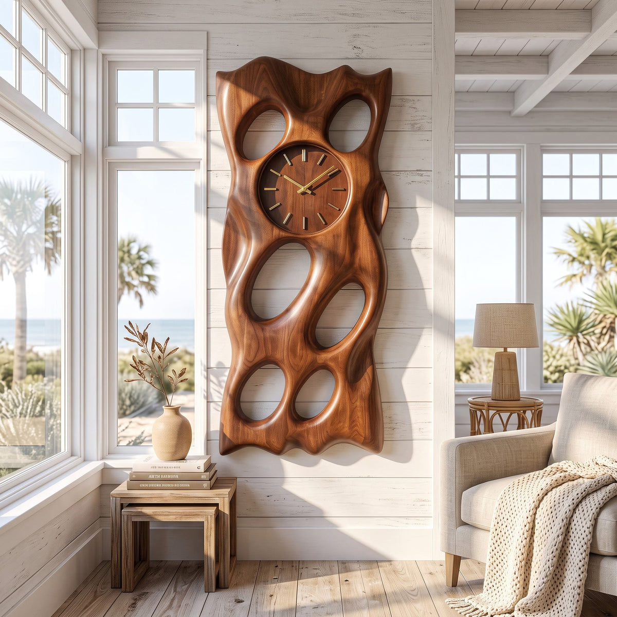 Artistic solid wood biomorphic relief panel enhancing a contemporary reading nook