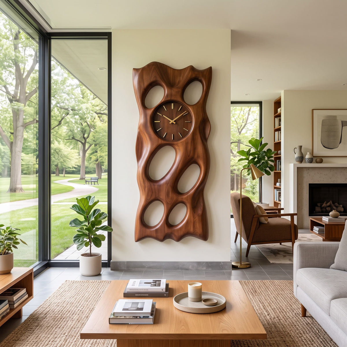 Artisanal solid wood wall clock and sculptural relief art showcased in an elegant living room