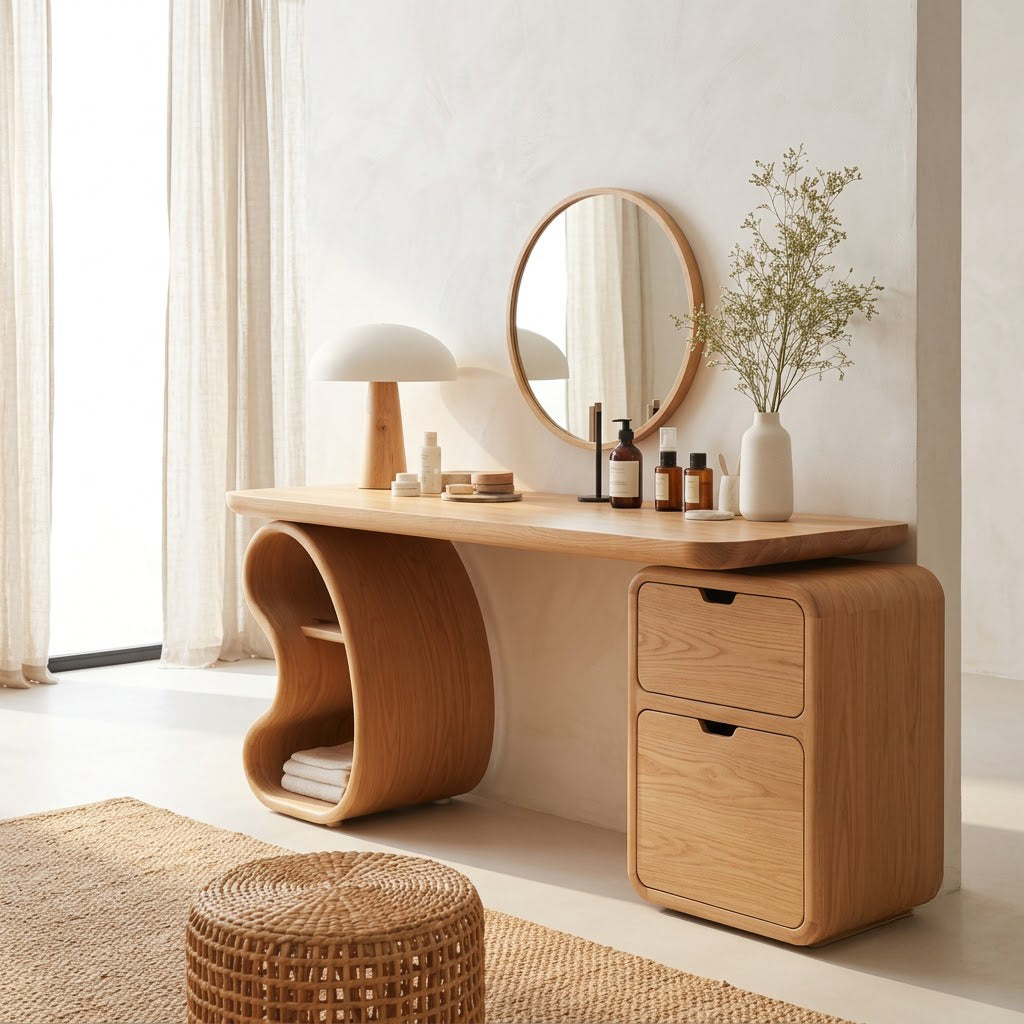 Artisanal solid wood sculptural vanity desk with organic hollow shelved leg in a modern bedroom