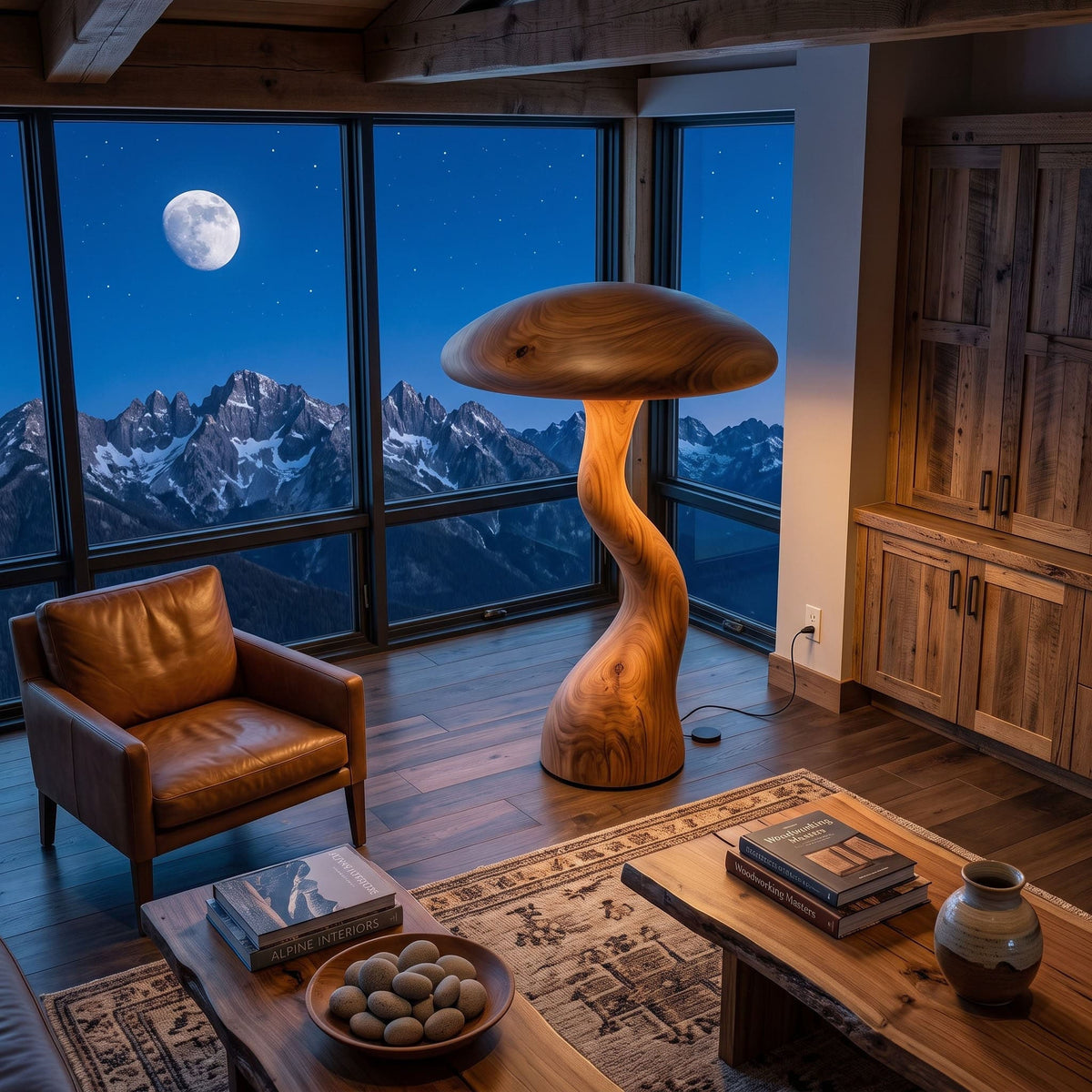 Organic solid wood mushroom floor lamp displayed in a minimalist living space