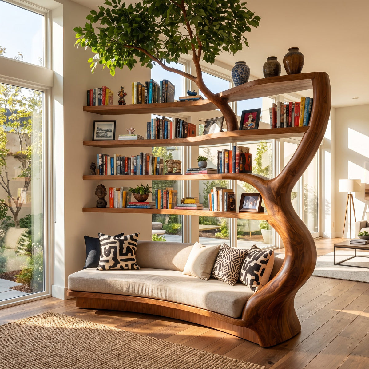 Sculptural natural wood lounge library daybed for an elegant living room reading nook