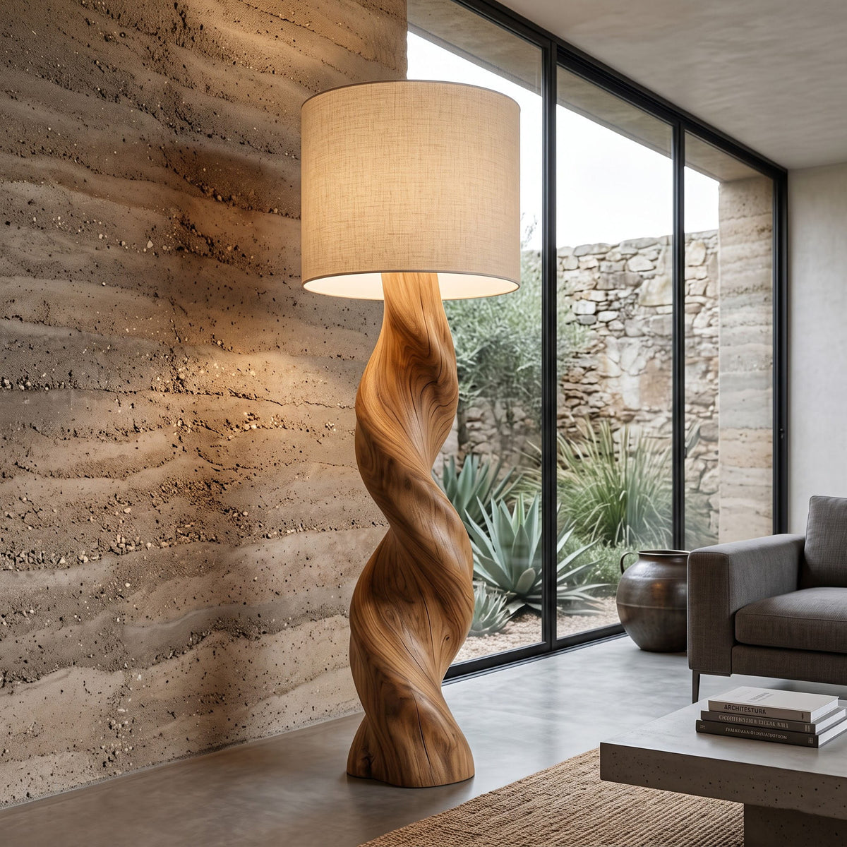 Authentic hand-carved solid wood twisted floor lamp in a contemporary living room