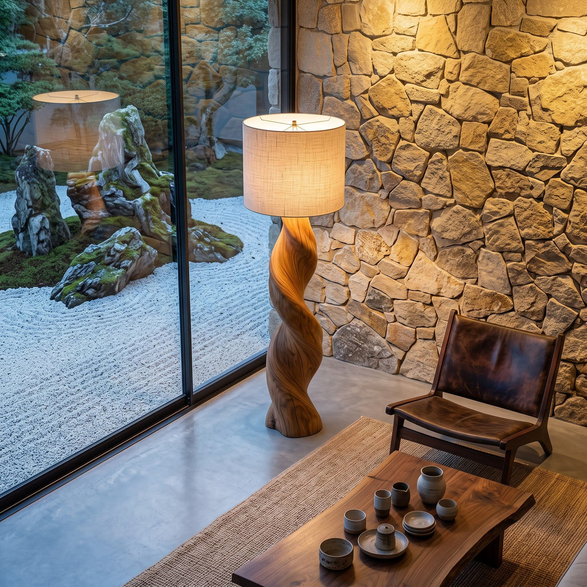 Organic solid wood twisted floor lamp displayed in a minimalist living space