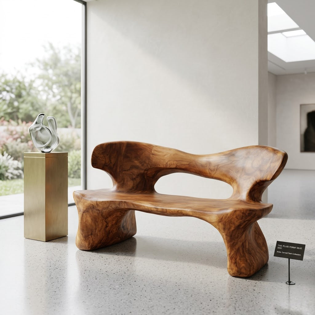 Biomorphic sculptural bench in solid wood