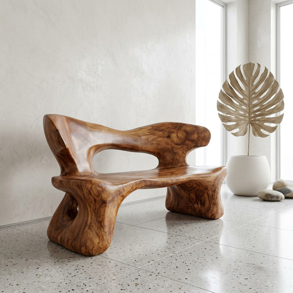 Organic solid wood art bench displayed in a minimalist entryway