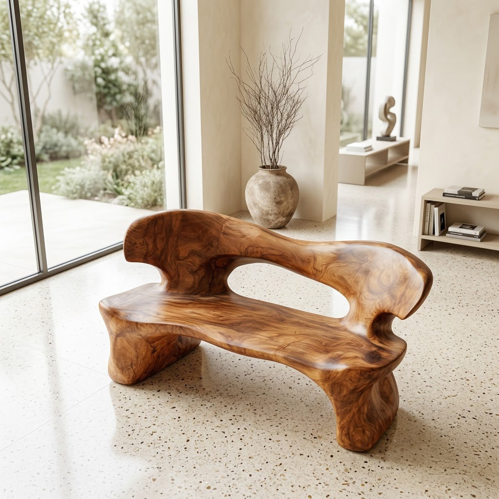 Biomorphic solid wood sculptural bench in a contemporary living room