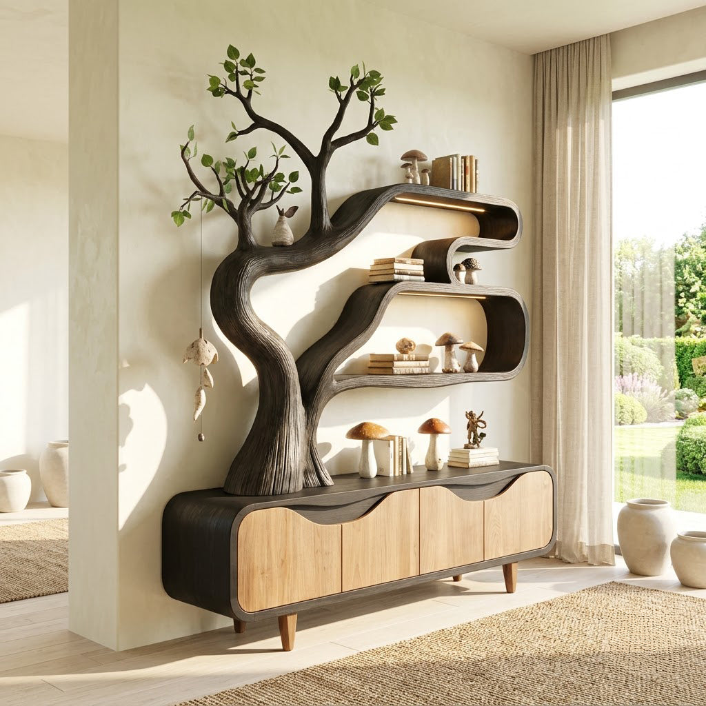 Organic natural wood tree display bookshelf with lower storage styled against an accent wall in an elegant entryway
