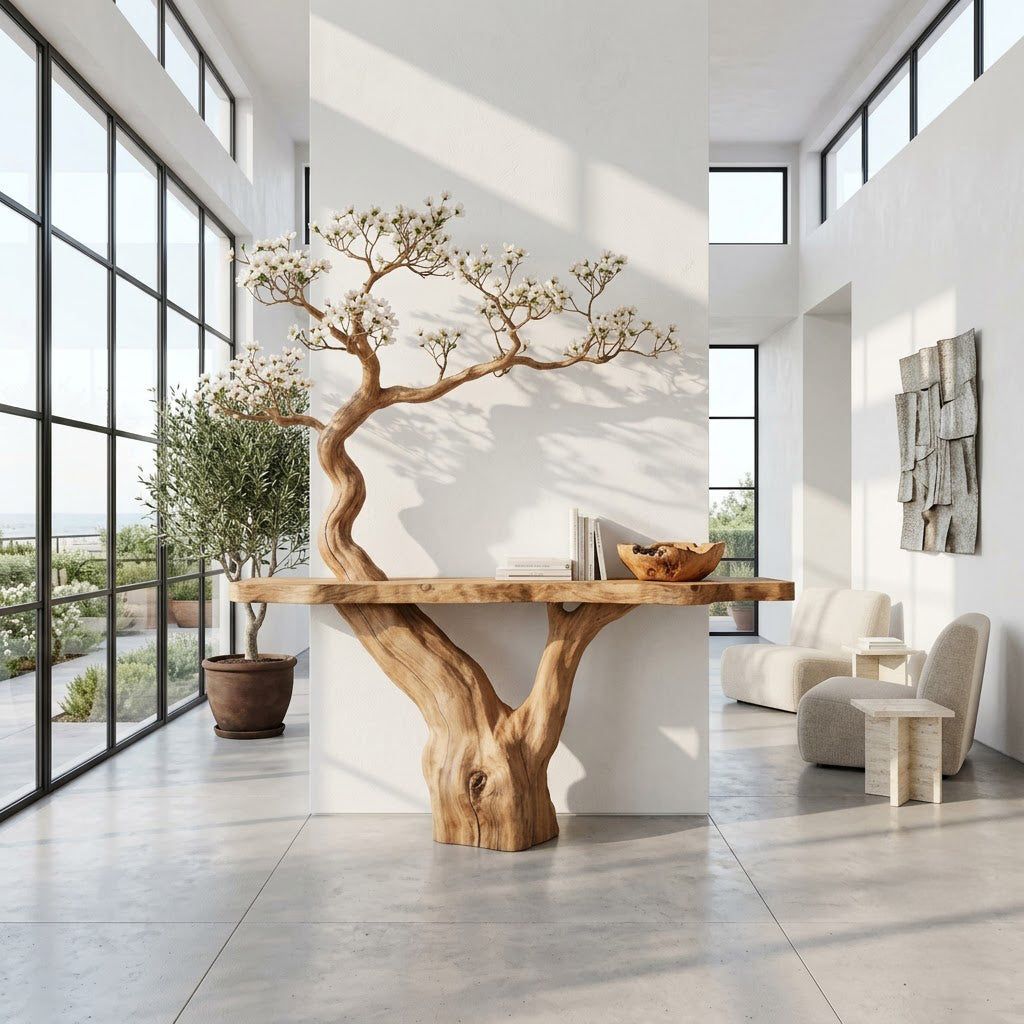 Botanical live-edge solid wood console table in a contemporary entryway