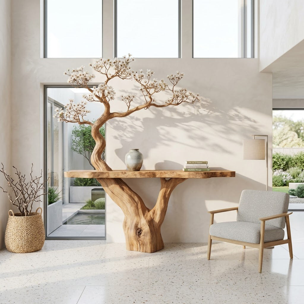 Hand-carved solid wood tree trunk console styled in a modern living room