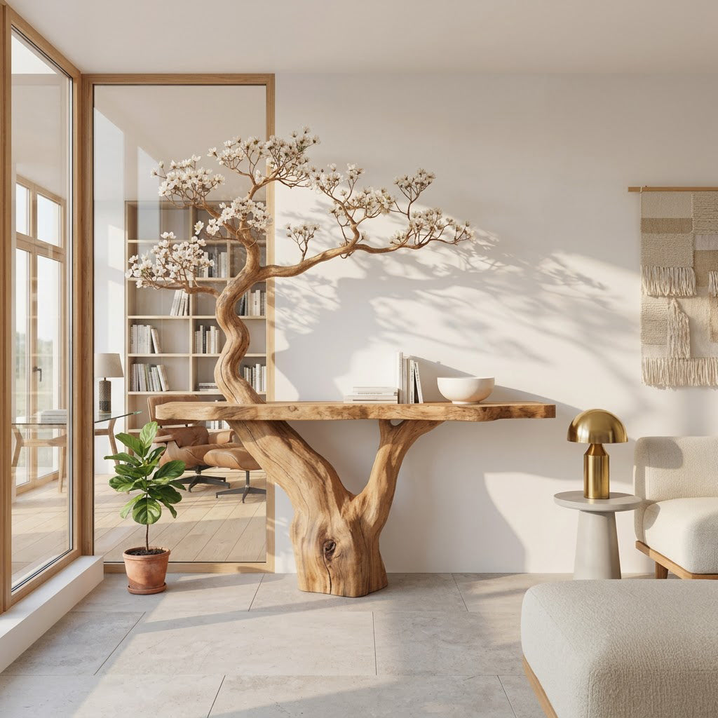 Organic solid wood console table with canopy feature in a minimalist interior