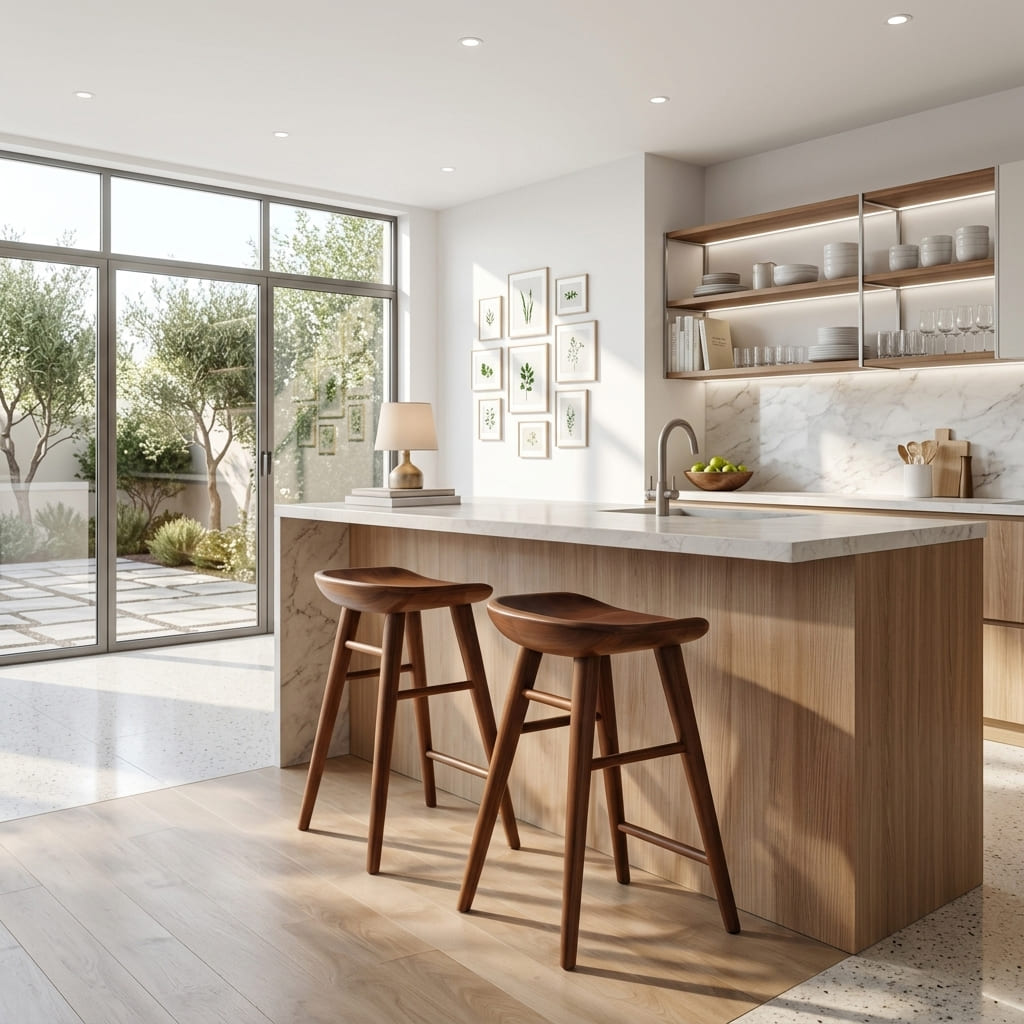 Contemporary solid wood bar stool styled at a modern kitchen island