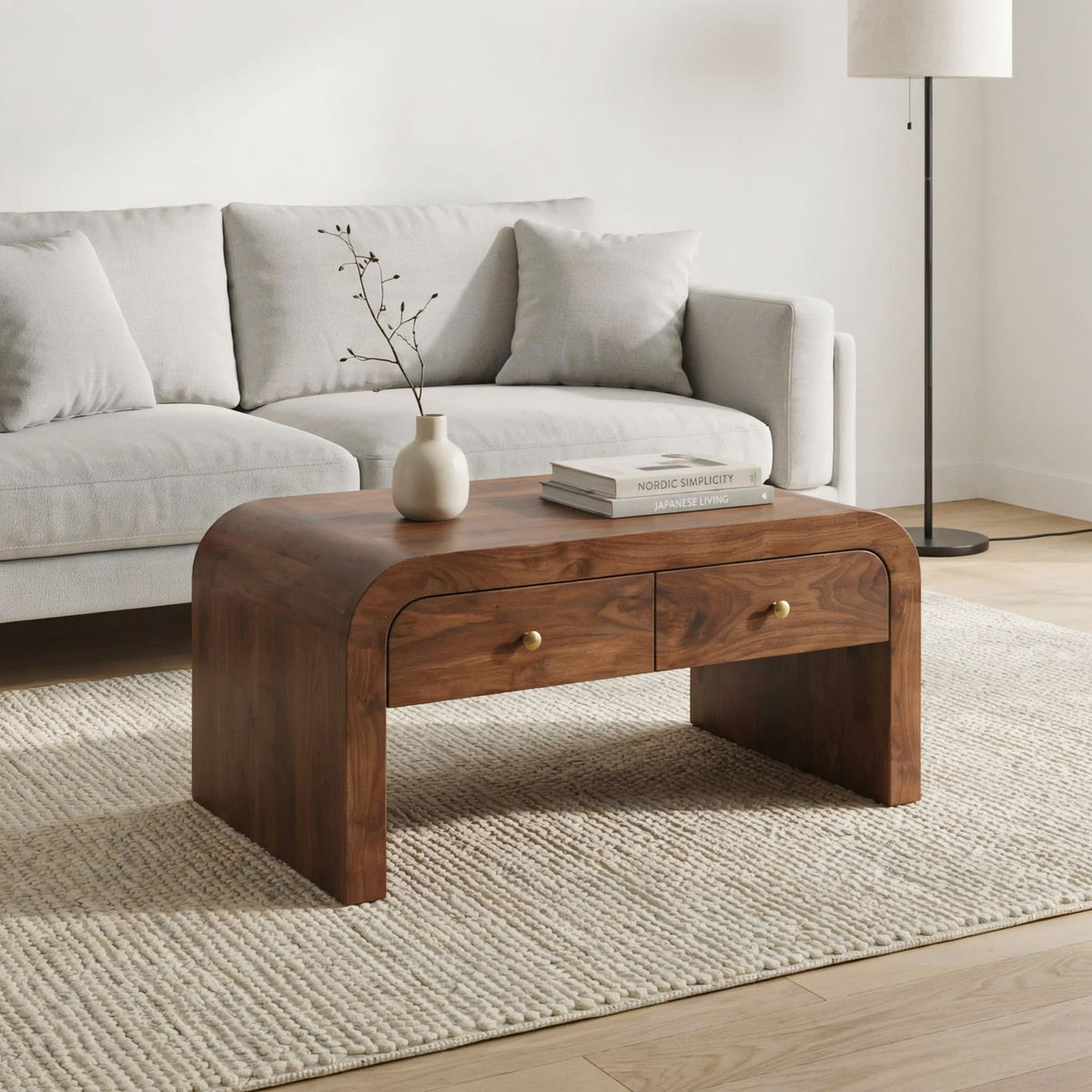 Organic modern curved coffee table in premium solid wood with storage drawers