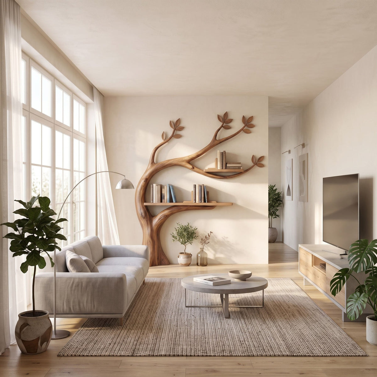 Curved trunk solid wood botanical wall bookshelf styled in a modern living room