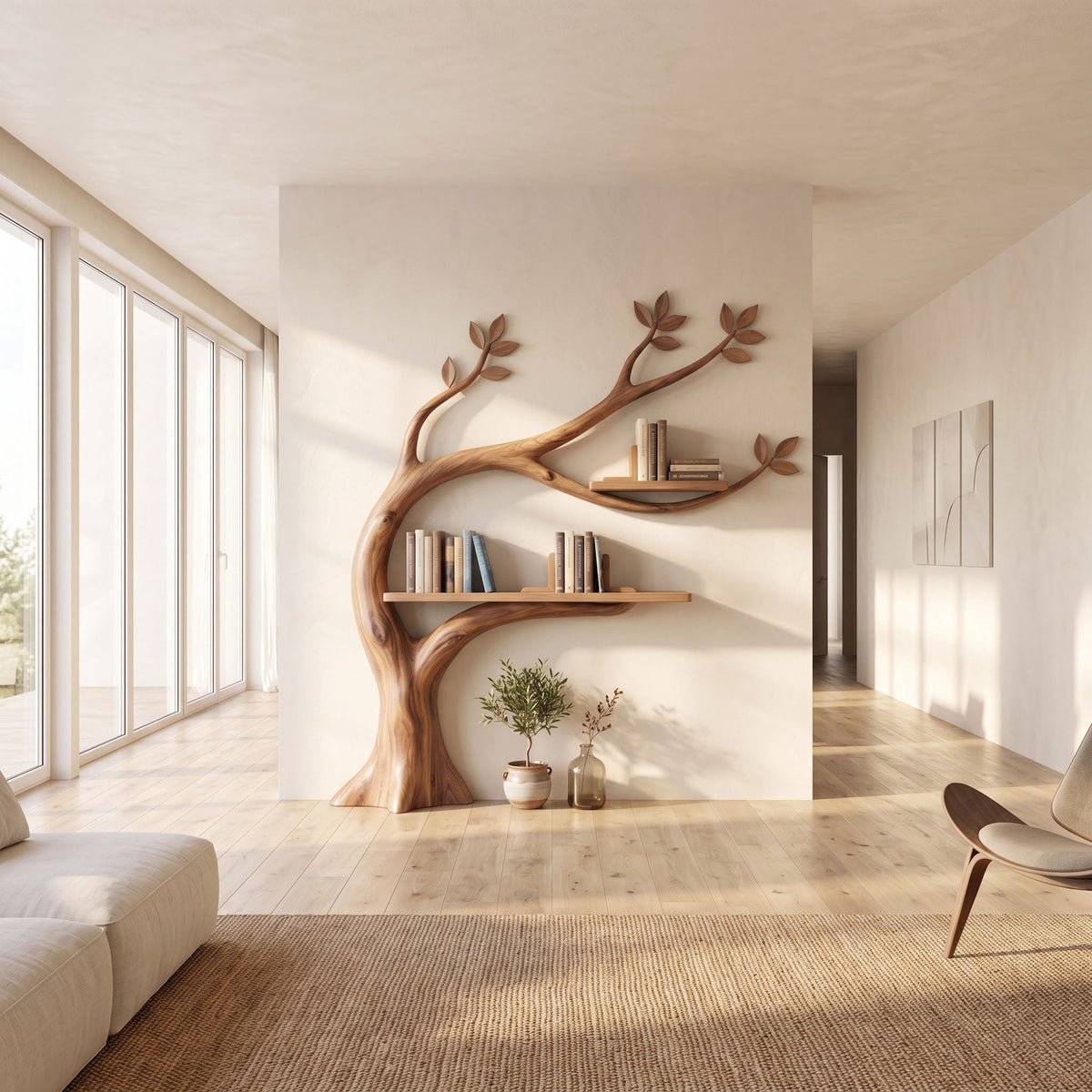 Artisanal solid hardwood botanical display rack elevating a luxury home library wall