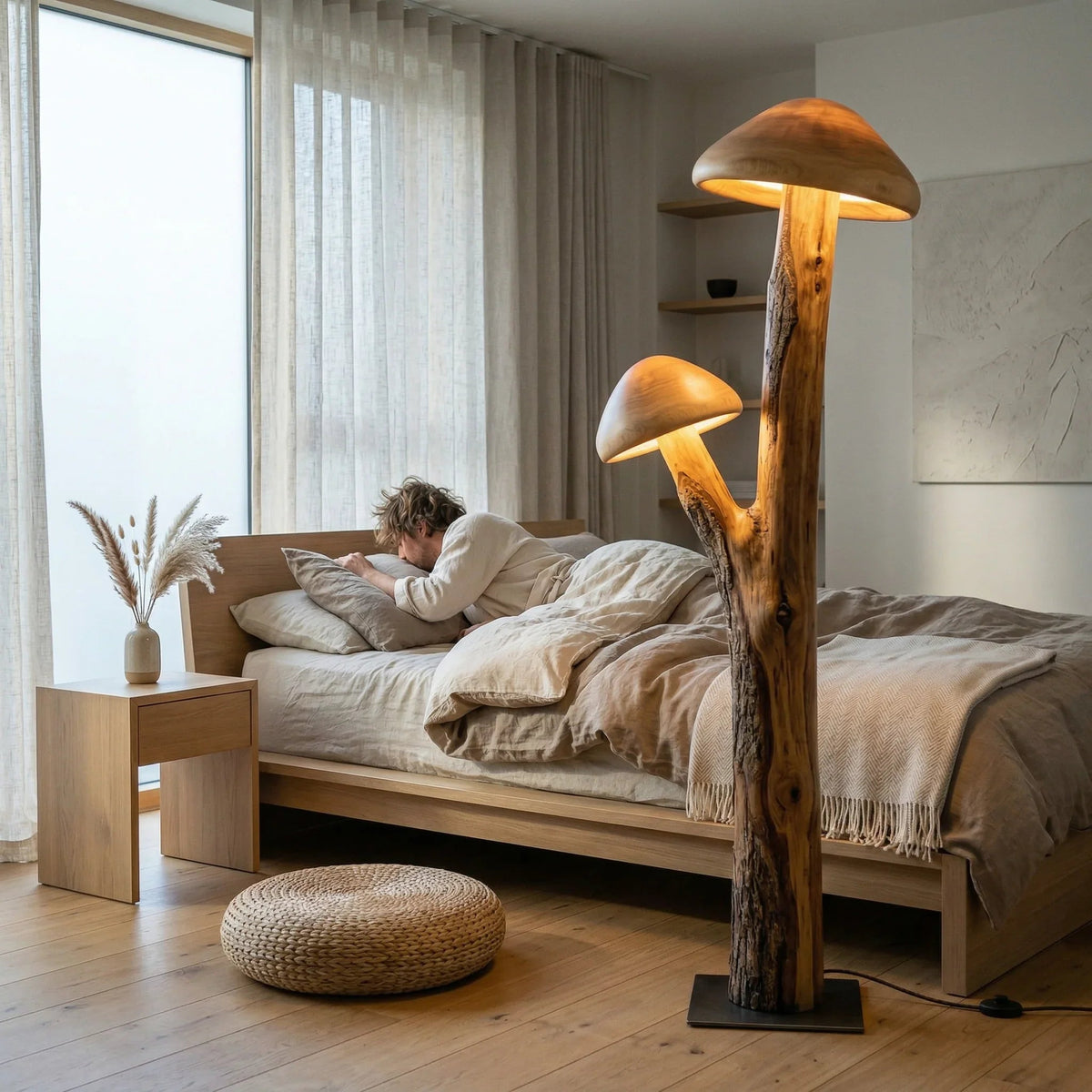 Dual mushroom cap floor lamp with wood trunk base beside bed in cozy modern bedroom