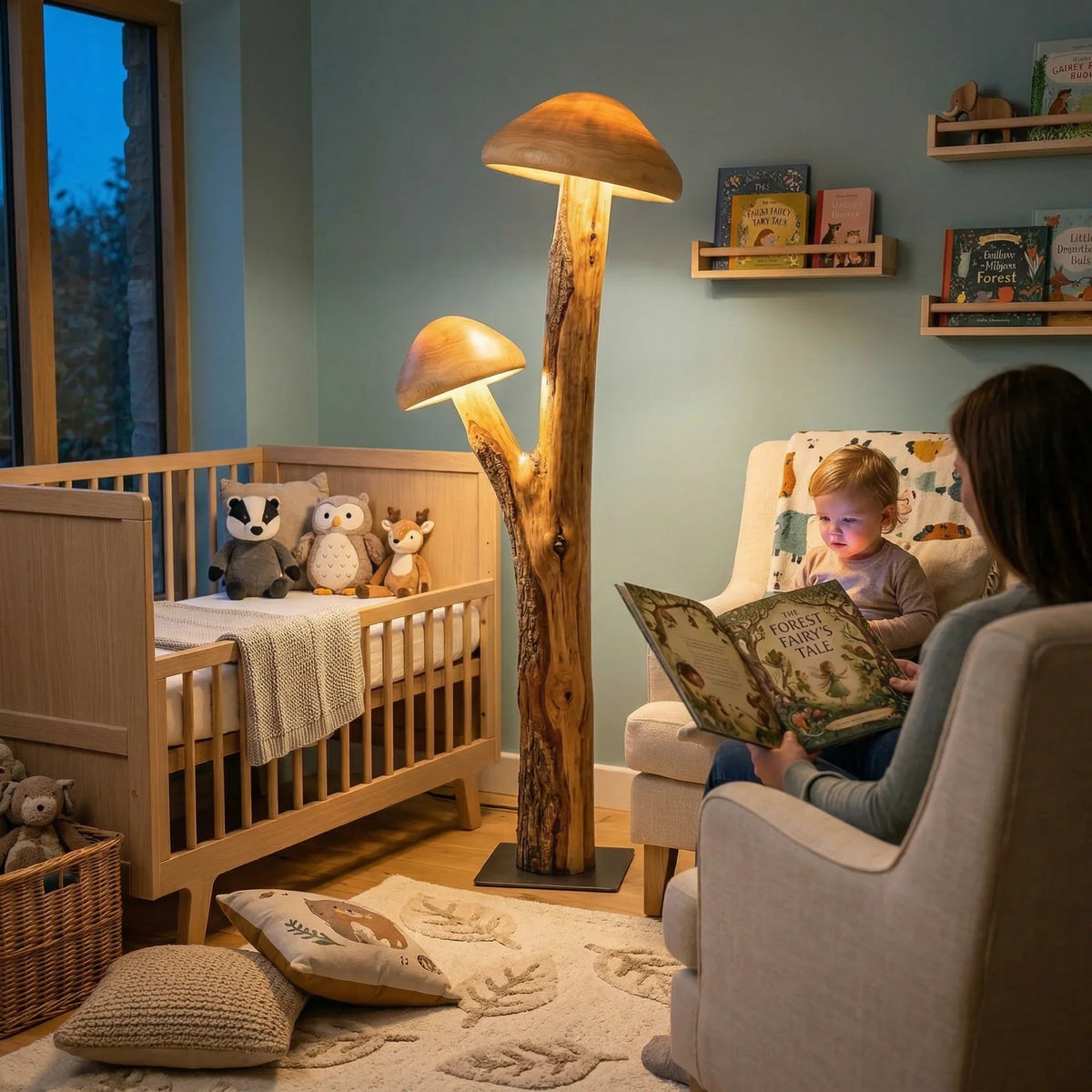 Dual mushroom cap floor lamp with natural wood trunk in cozy nursery setting.