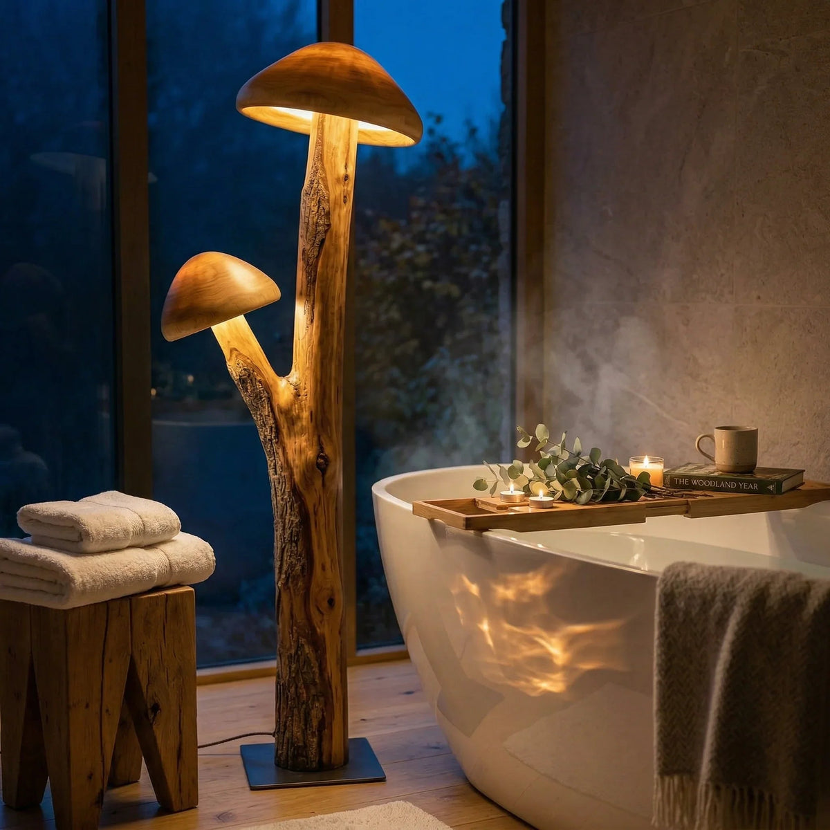 Dual mushroom floor lamp with glowing wooden caps and natural trunk by a modern bathtub.