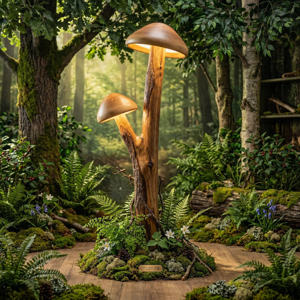 Dual translucent mushroom floor lamp with natural wood trunk and glowing caps, set in a forest scene