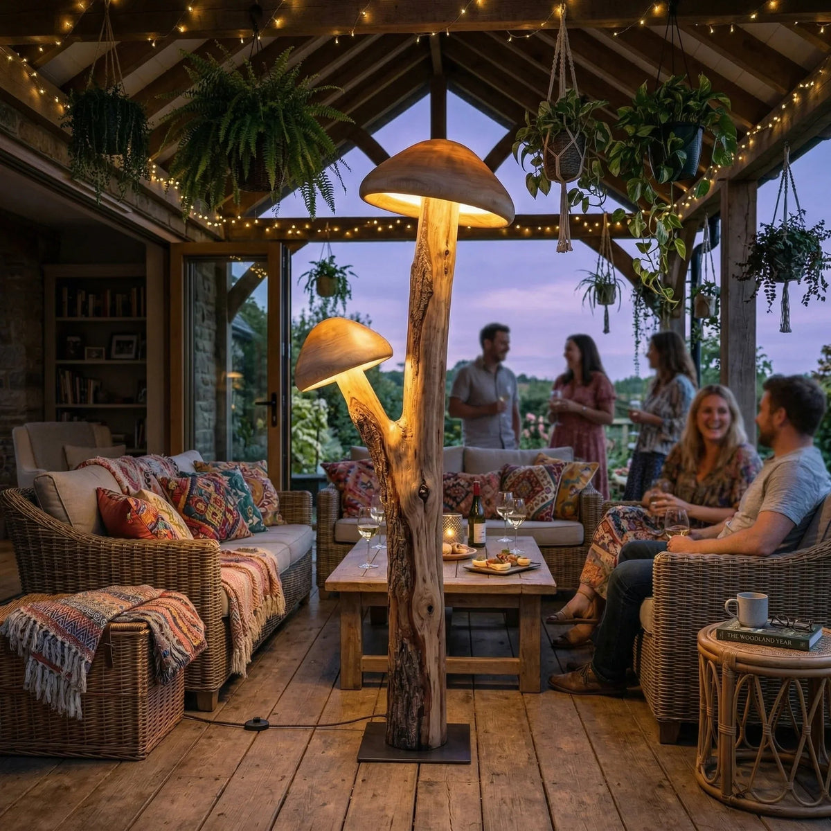 Translucent mushroom floor lamp with two glowing caps on natural wood trunk in cozy sunroom setting
