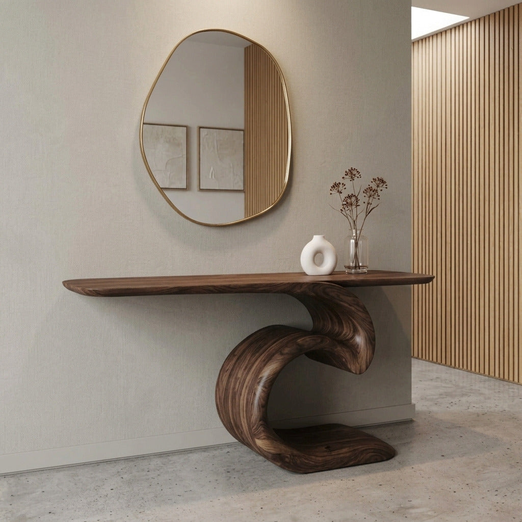 Flowing solid wood entryway console in a Japandi interior