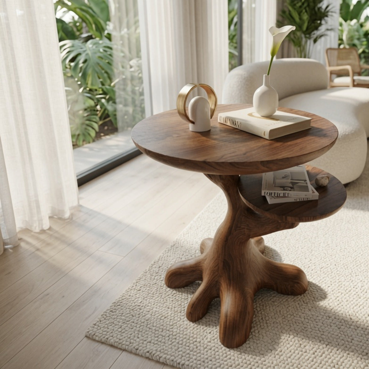 Handcrafted rustic wooden side table in a modern farmhouse interior
