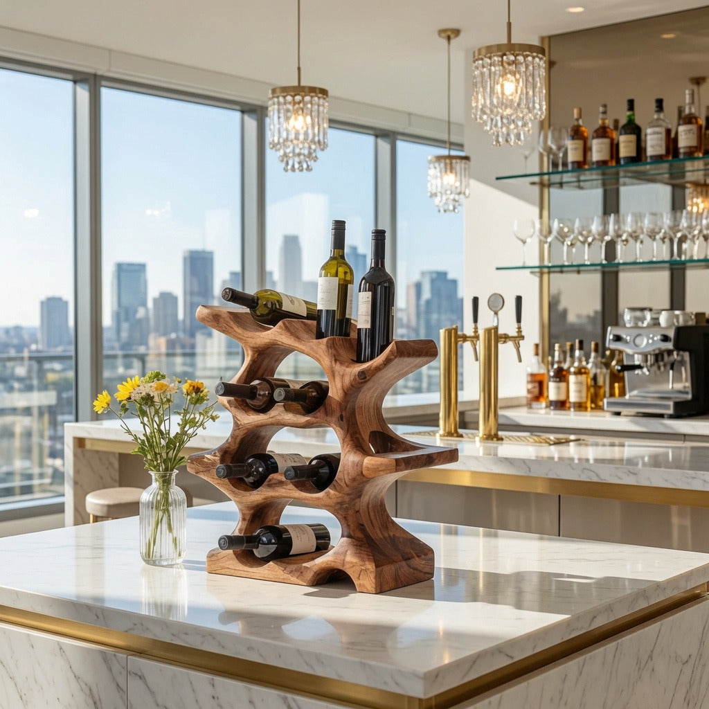 Handcrafted wooden wine wall rack displaying bottles in a modern dining room