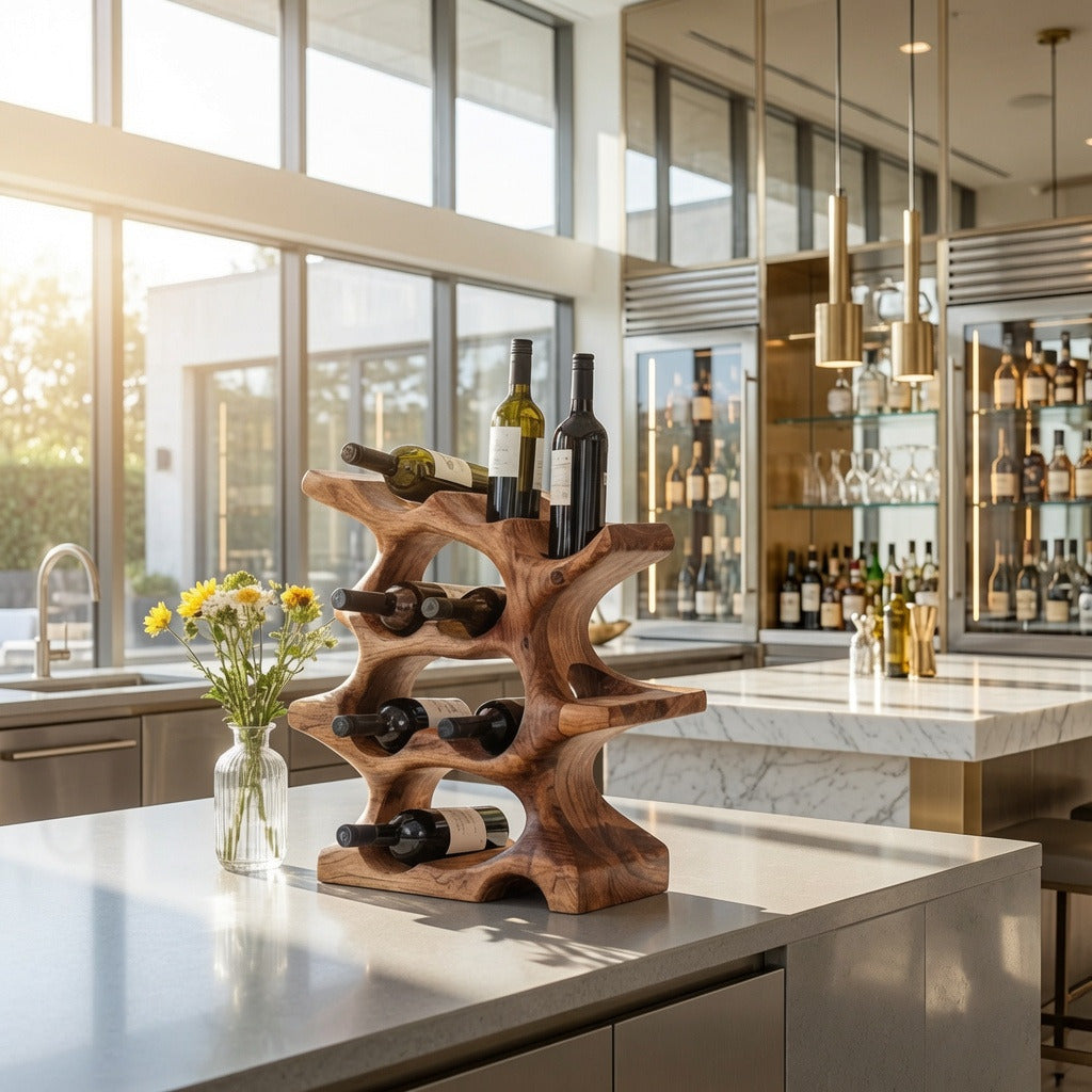 Natural hardwood wine display shelf enhancing a modern kitchen
