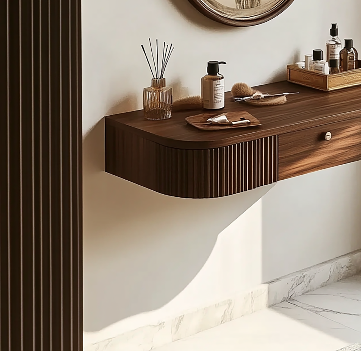 Modern floating vanity desk for bedroom makeup area
