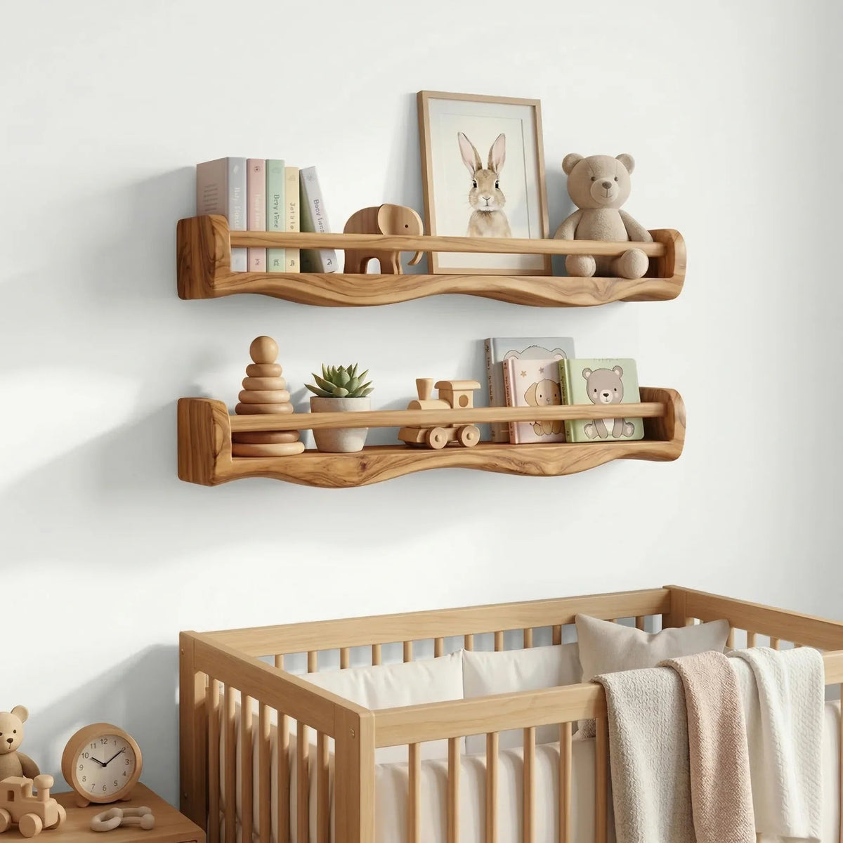 handmade wood floating shelves in nursery with books, toys, and soft decor items