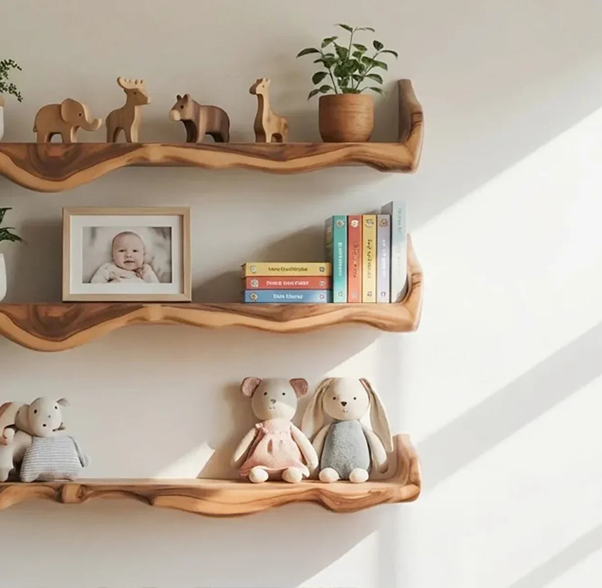 natural wood floating shelves in nursery with baby books, toys, and soft decor items