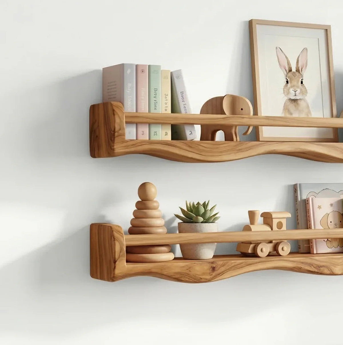 handmade wood floating shelves in nursery with books, toys, and soft decor items