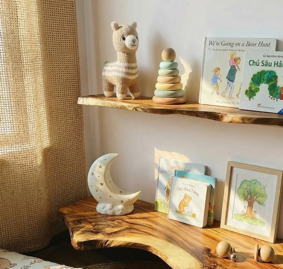 handcrafted live edge floating shelves in kids room with books, toys, and natural wood decor