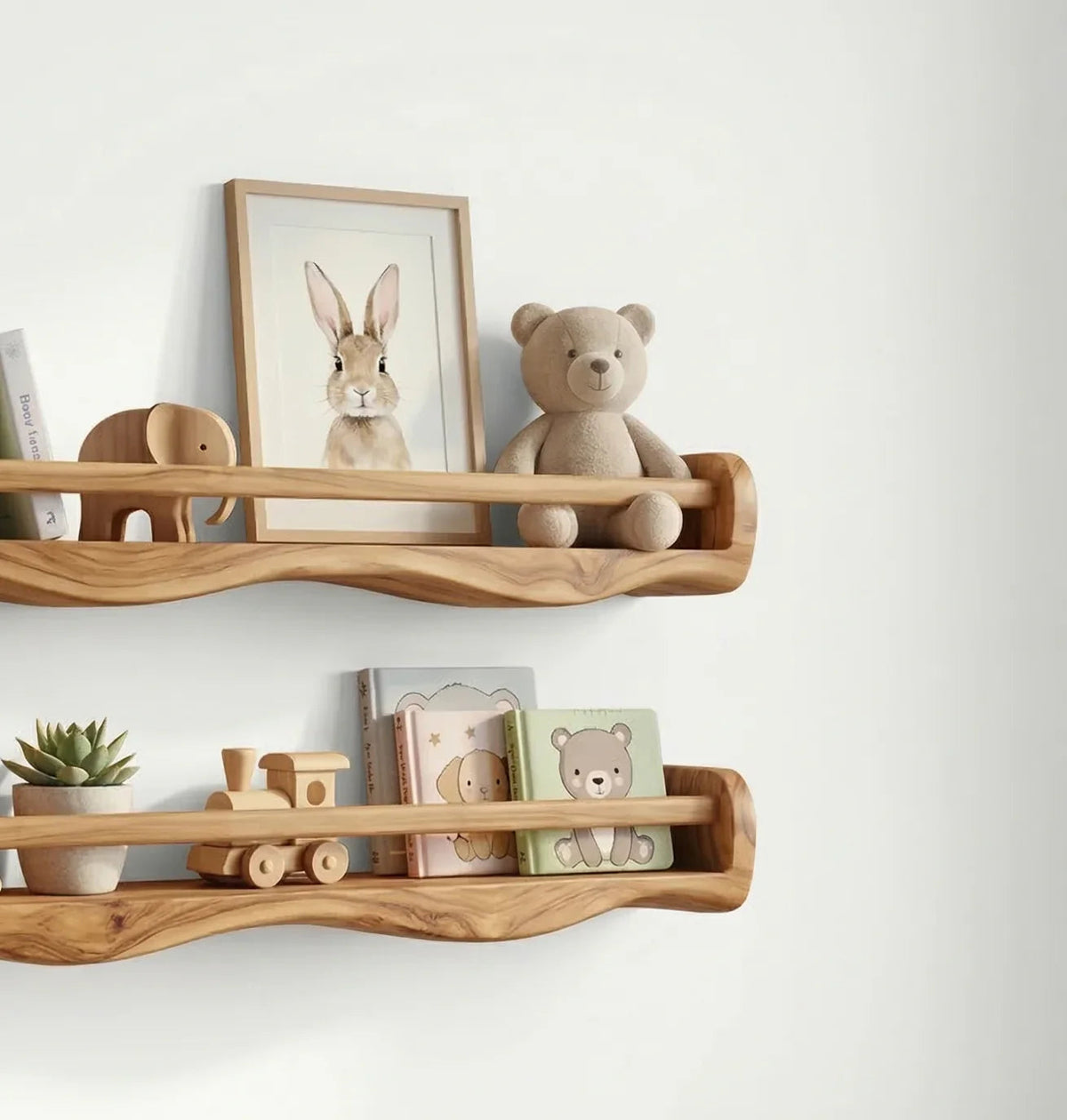handmade wood floating shelves in nursery with books, toys, and soft decor items