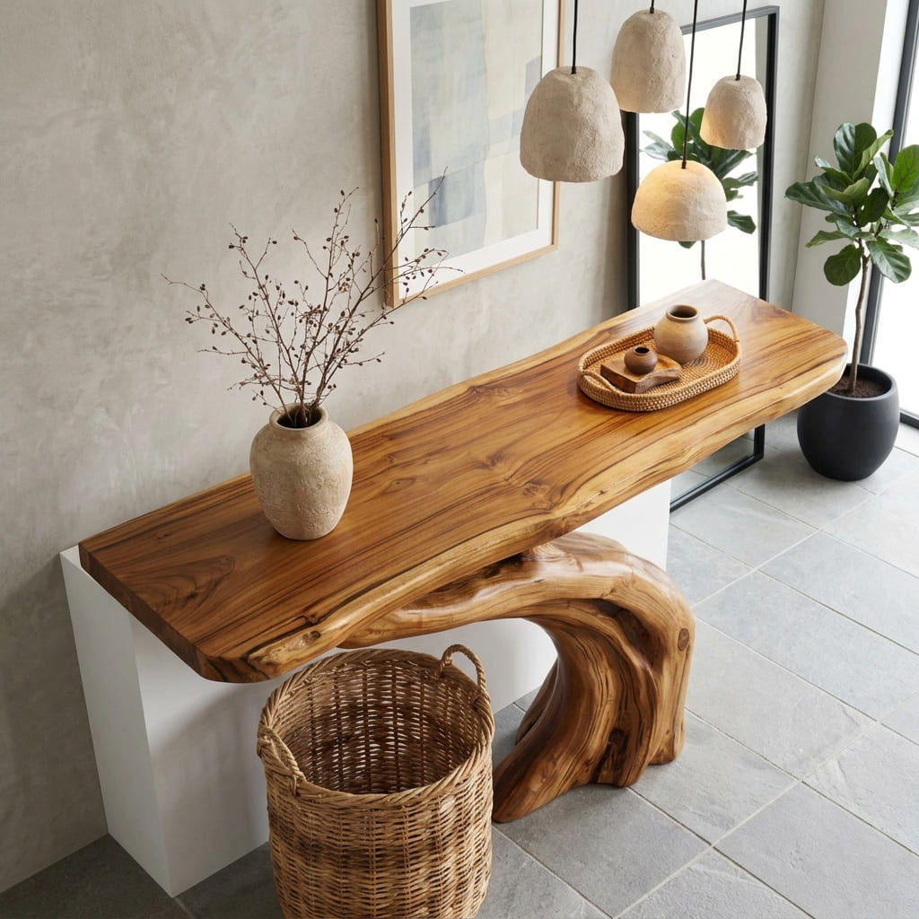 Sculptural wooden console table in a luxury home interior