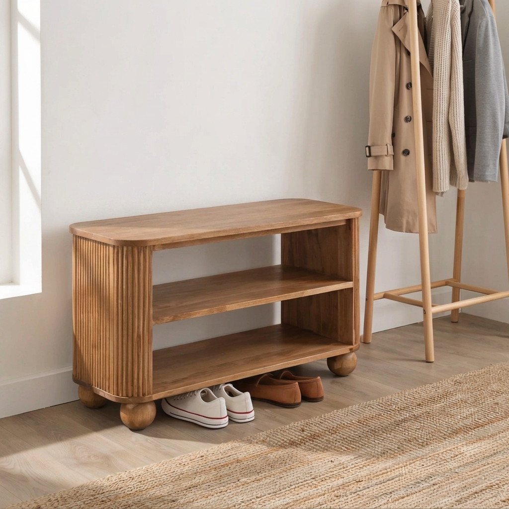 Fluted entryway bench crafted from premium solid wood with sculptural spherical legs