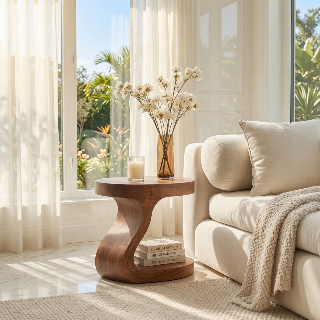 Minimalist solid wood end table enhancing a luxury living space
