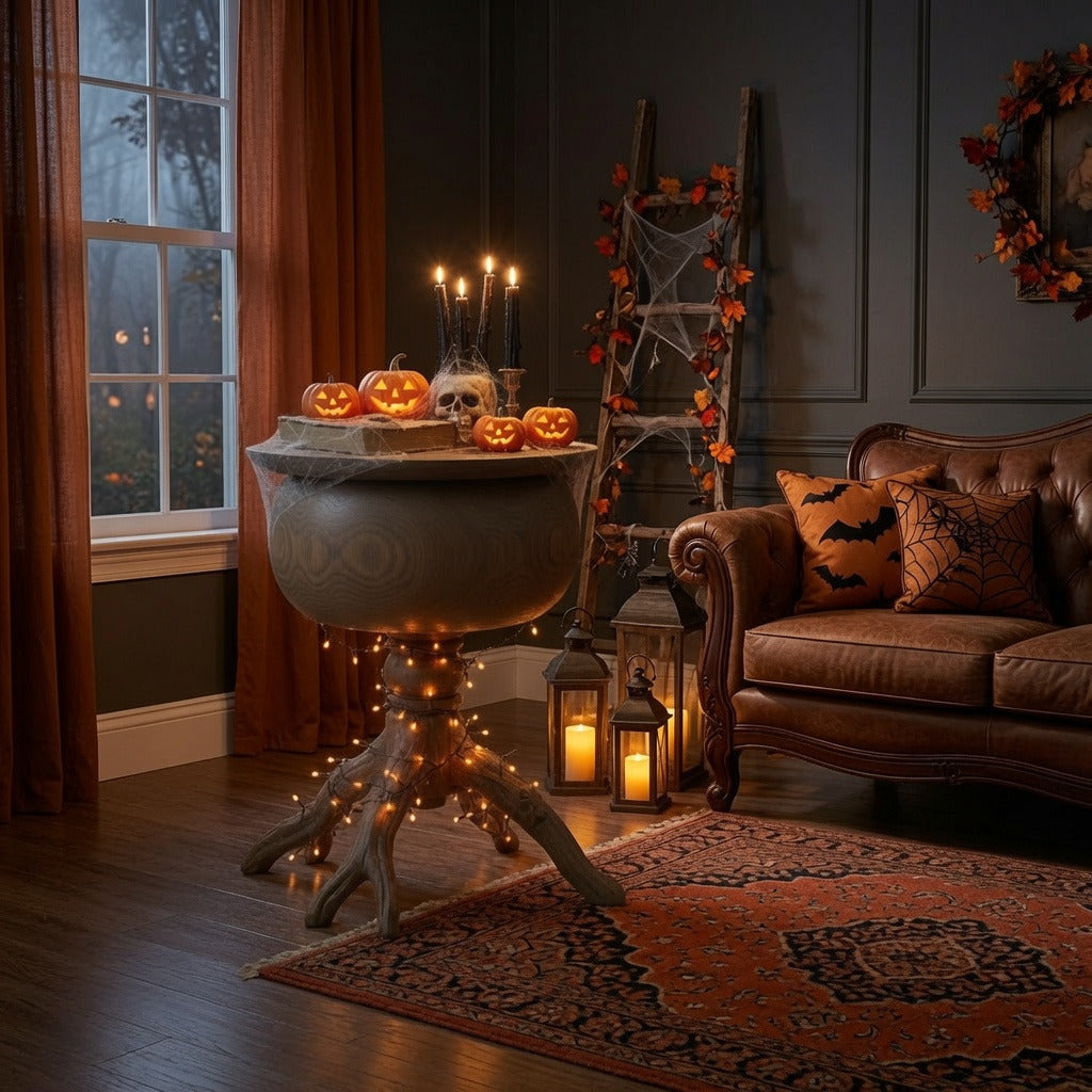 Halloween cauldron tree root solid wood end table in a cozy living room