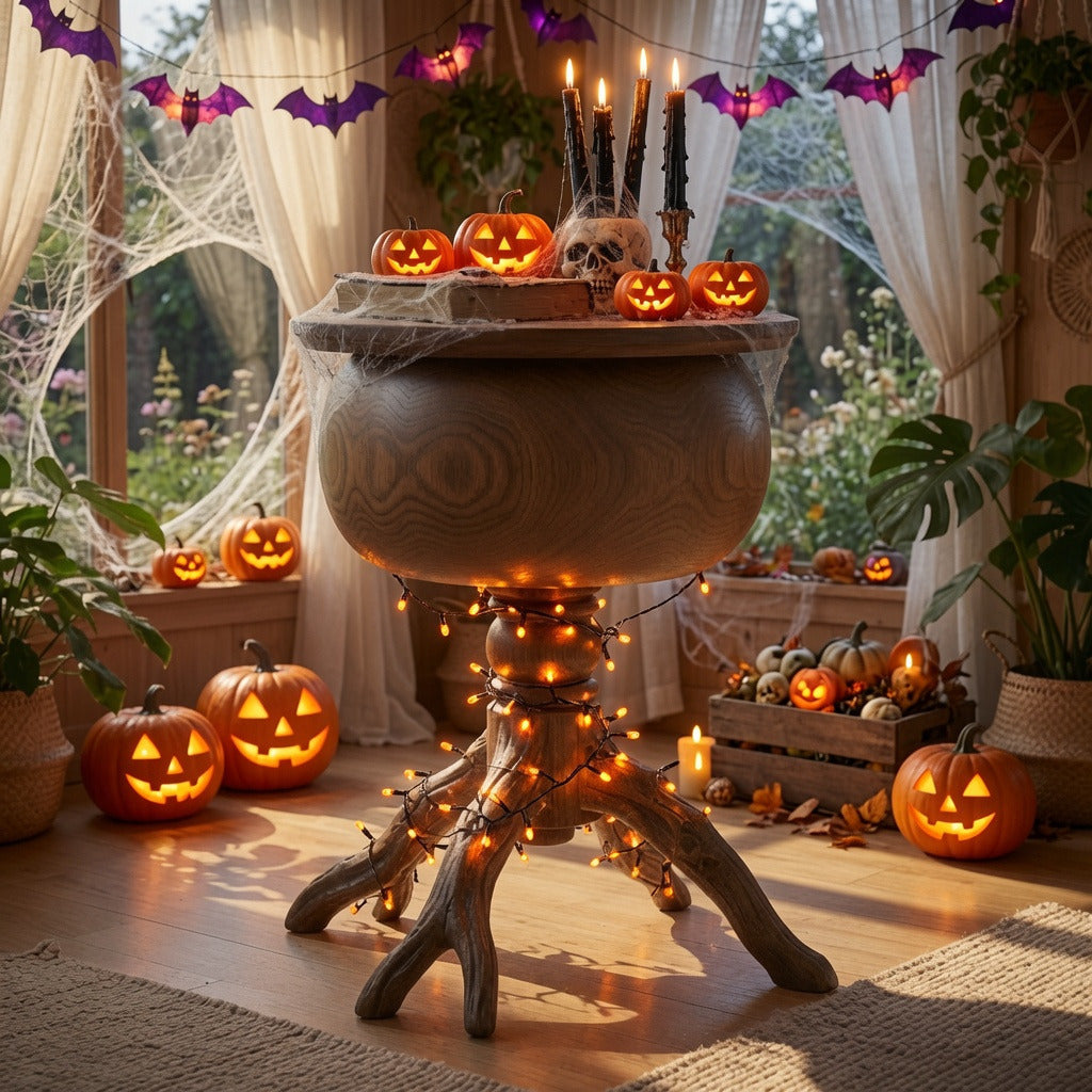 Organic solid wood Halloween side table in a modern farmhouse setting