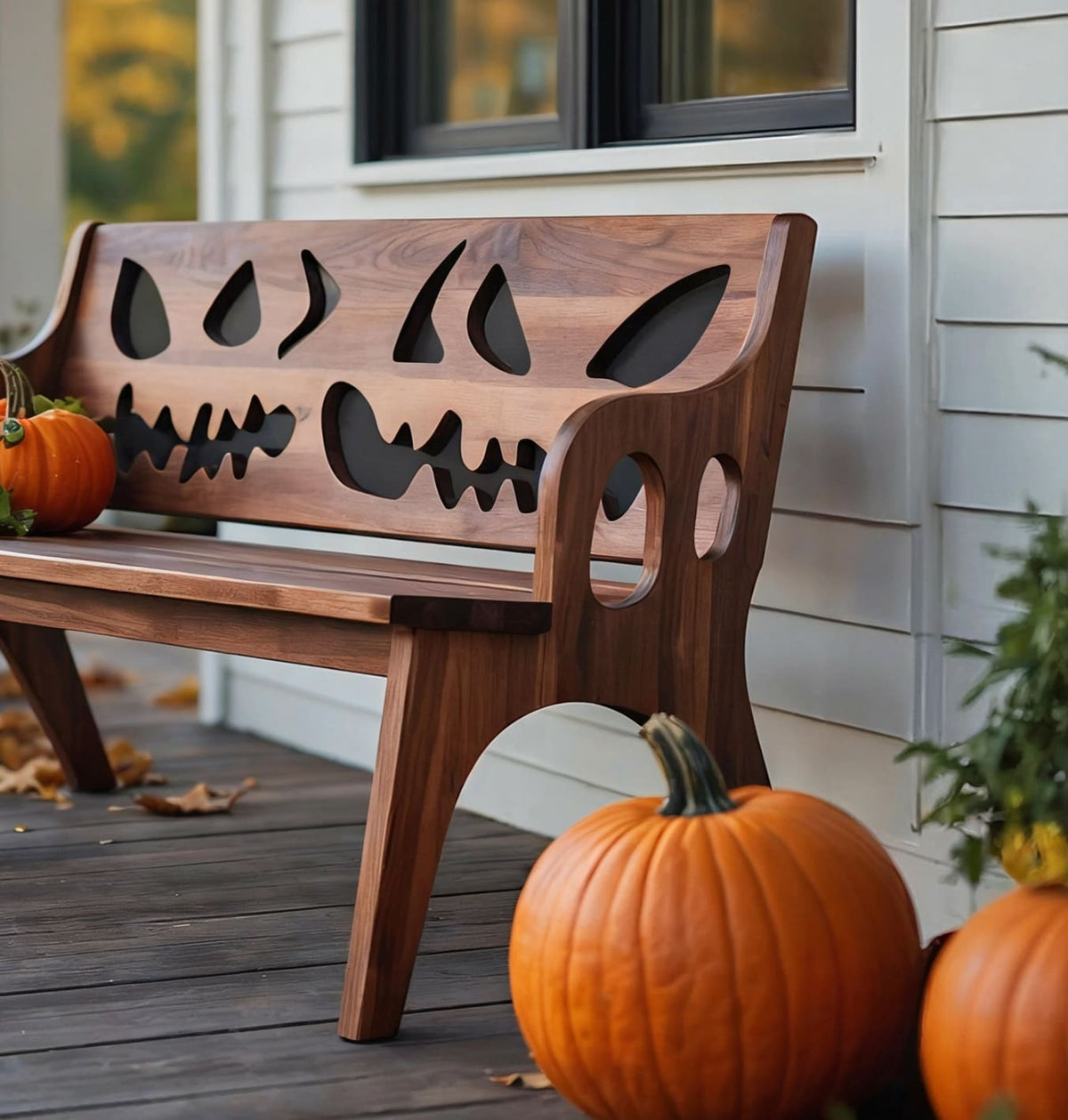 Rustic solid wood garden bench for Halloween décor
