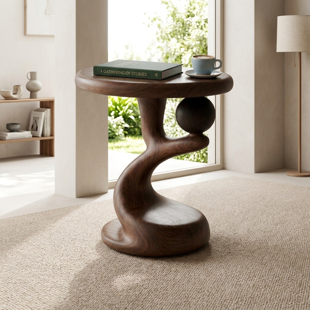 Artistic solid wood sphere side table in a contemporary home