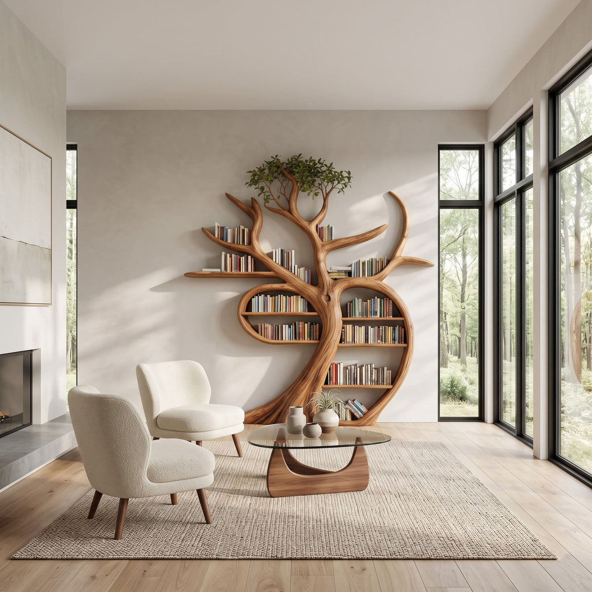 Contemporary solid wood branching display shelf mounted in a modern living room